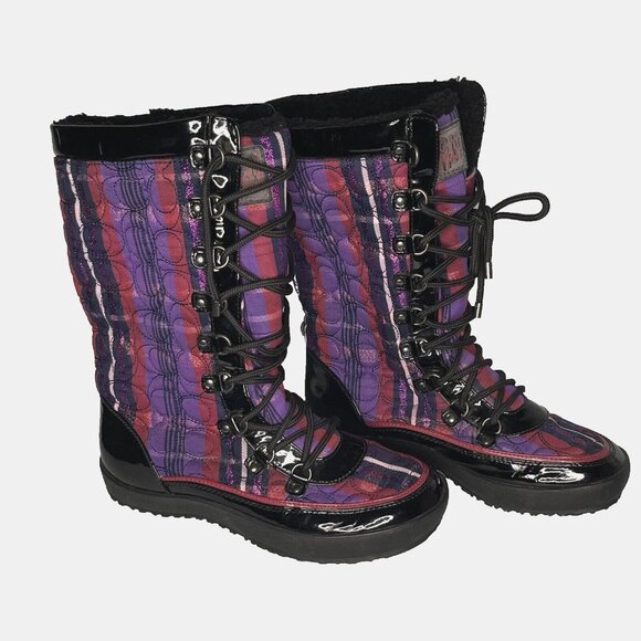 COACH Peggey W sz 8 B Plaid Purple Metallic Shearling Quilted Logo Boot Shoes - Picture 1 of 14